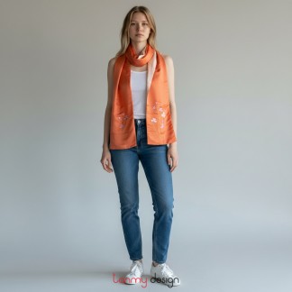 Orange silk scarf hand-embroidered with flower 25*200 cm- Style 6